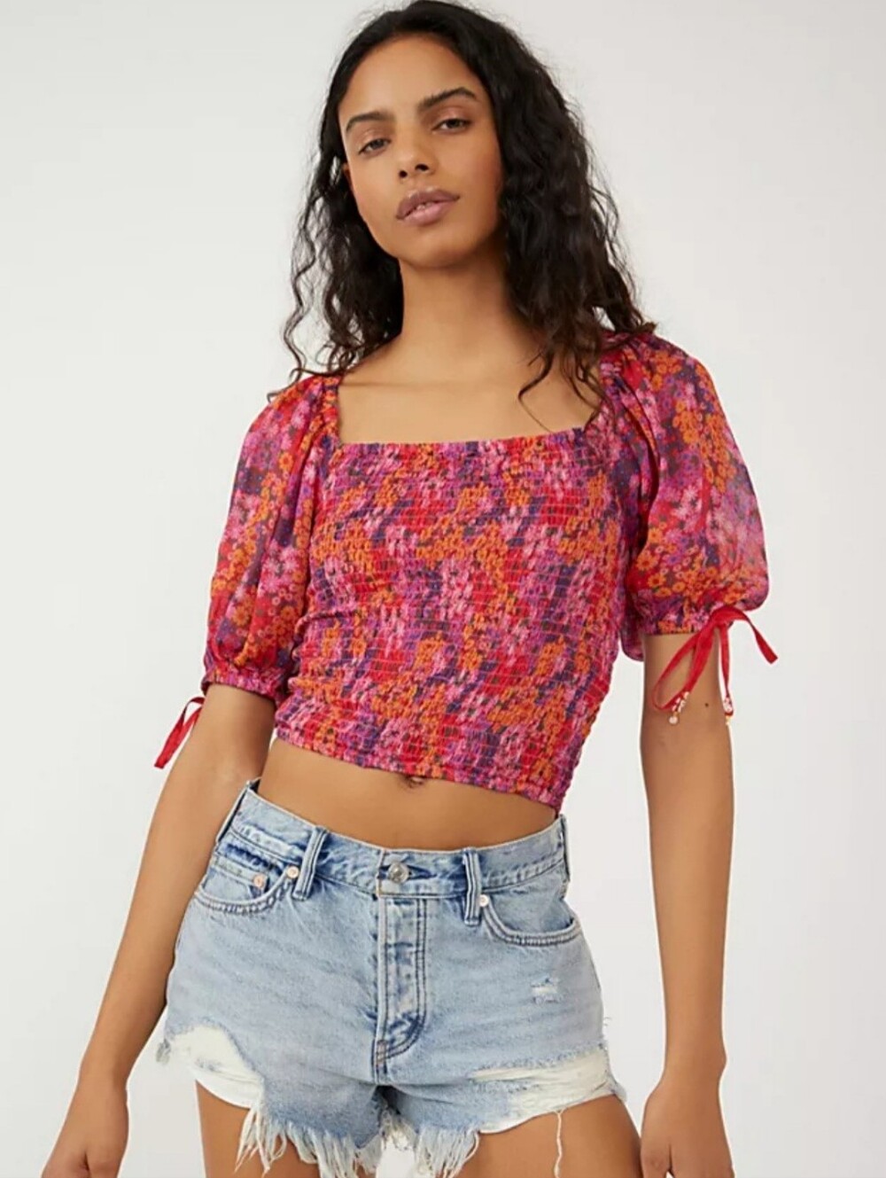 FREE PEOPLE Smocked Balloon Sleeve Crop Top Women's XS Floral Tie Back Dainty